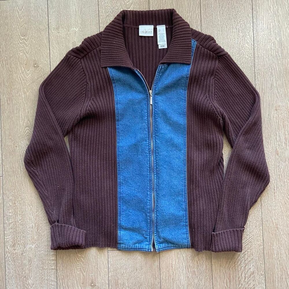 Vintage Y2K Villager Denim Panel Zip Sweater Jacket Brown Ribbed Knit